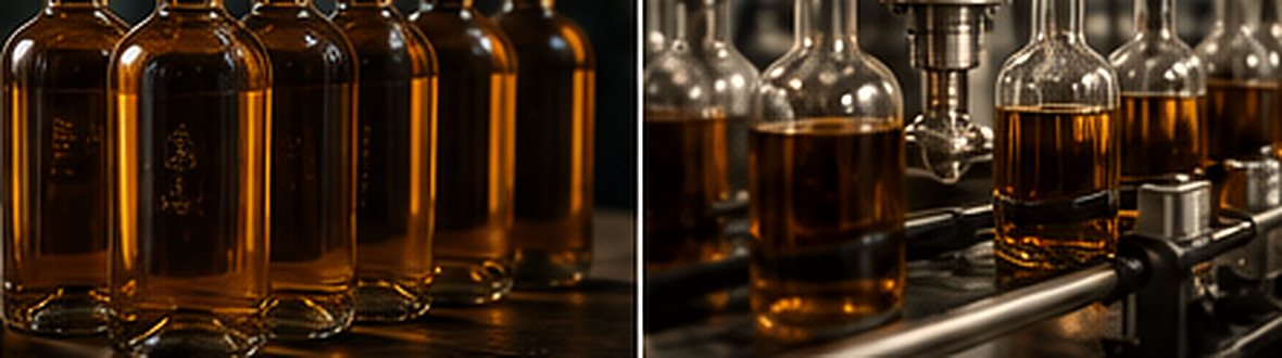 Bottled Irish whiskey and a bottling line