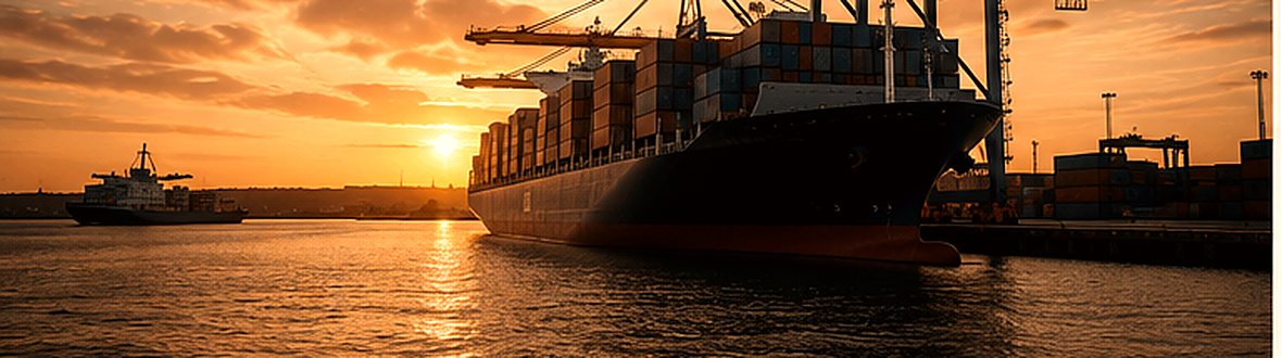 Container ship loading at an international port at dusk